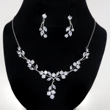 Swarovski Crystal Floral Three Petal Leaves Bridal Earrings And Necklace, Crystal Bridal Earrings, Statement Earrings Cz Necklace Set.